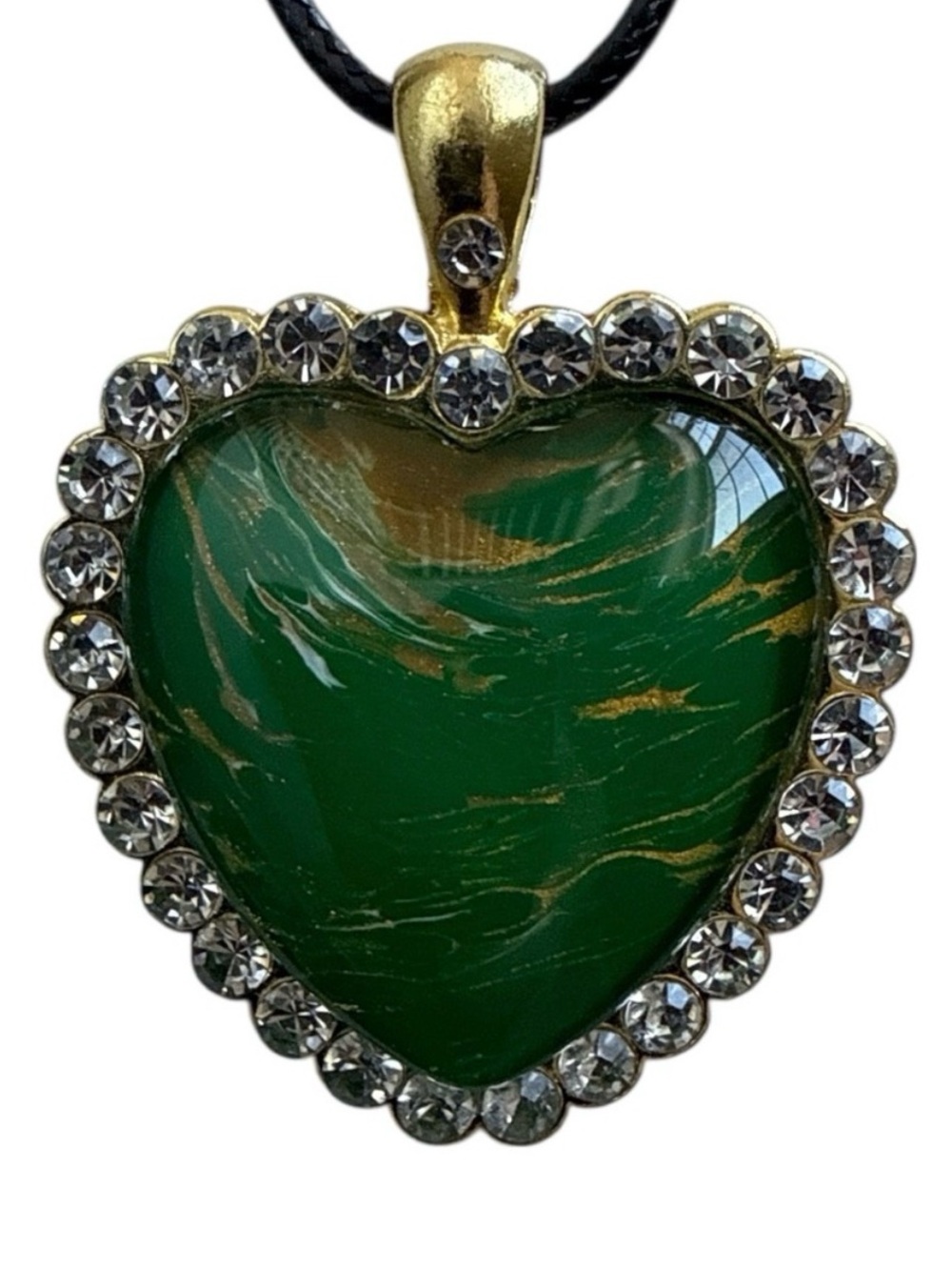 Hand Crafted Necklace Green and Gold Fluid Art Heart Pendant by Svetlana Yeung